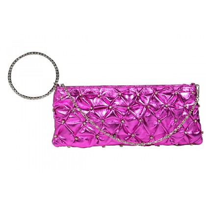 Evening Bag - 12 PCS - Ruffled Crystal Clutch w/ Rhinestone Bracelet Wristlet - Fuchsia - BG-HE1018FU